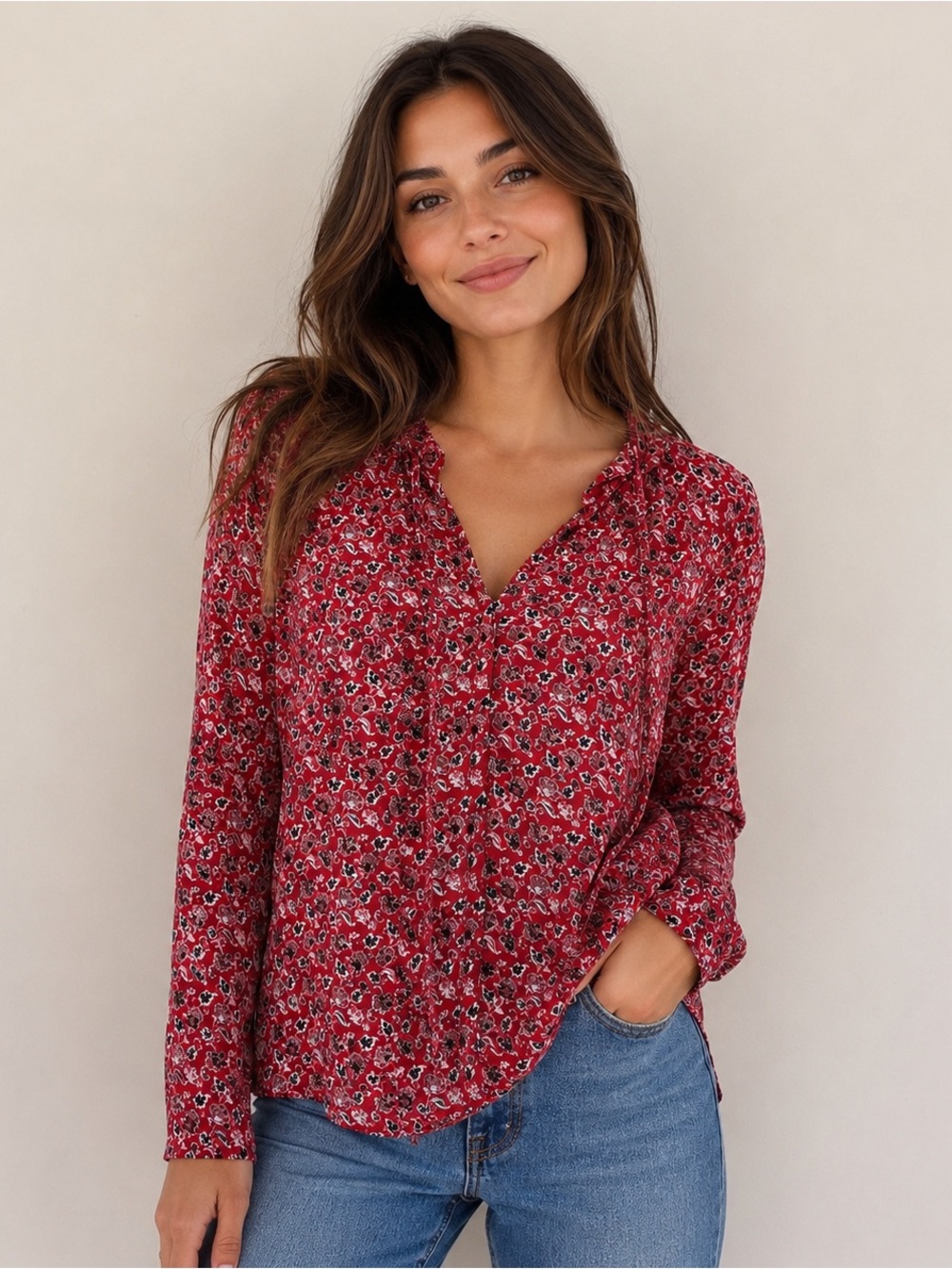 Tom Tailor Floral Peasant Blouse Size 38 Red Long Sleeve‎ Boho Top
